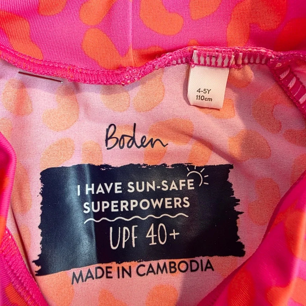 Boden Kids Pink Orange Leopard Print Long Sleeve Rash Guard UPF 40+ Size 4-5Y